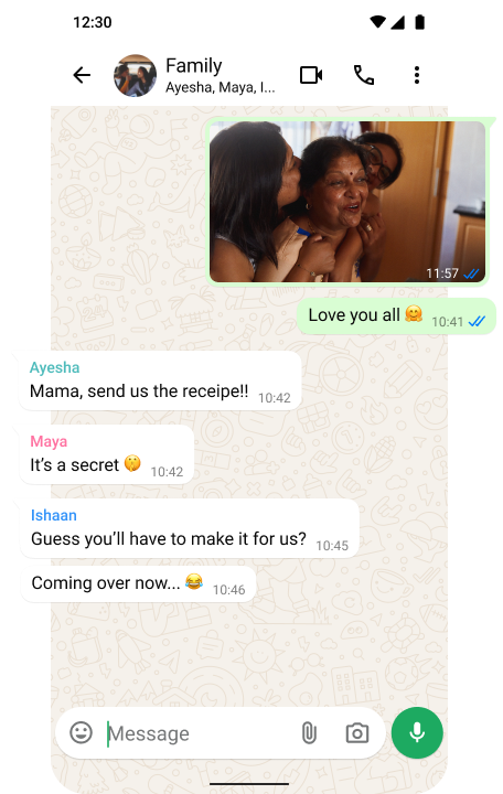 Screenshot of family group chat on WhatsApp connecting a mother and family