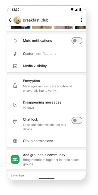 whatsapp platform showing groups with mute encryption and disappearing messages features