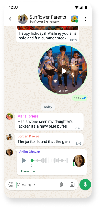 whatsapp chat thread screenshot featuring multimedia conversation with video, text, and voice messages, showcasing seamless communication on the popular messaging app